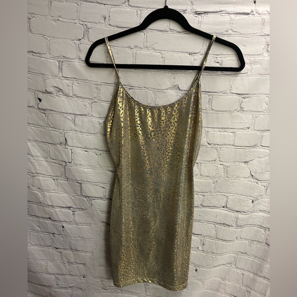 Seduction Women’s Y2K Metallic Gold Silver Leopard Slinky Club Minidress Sz S ??